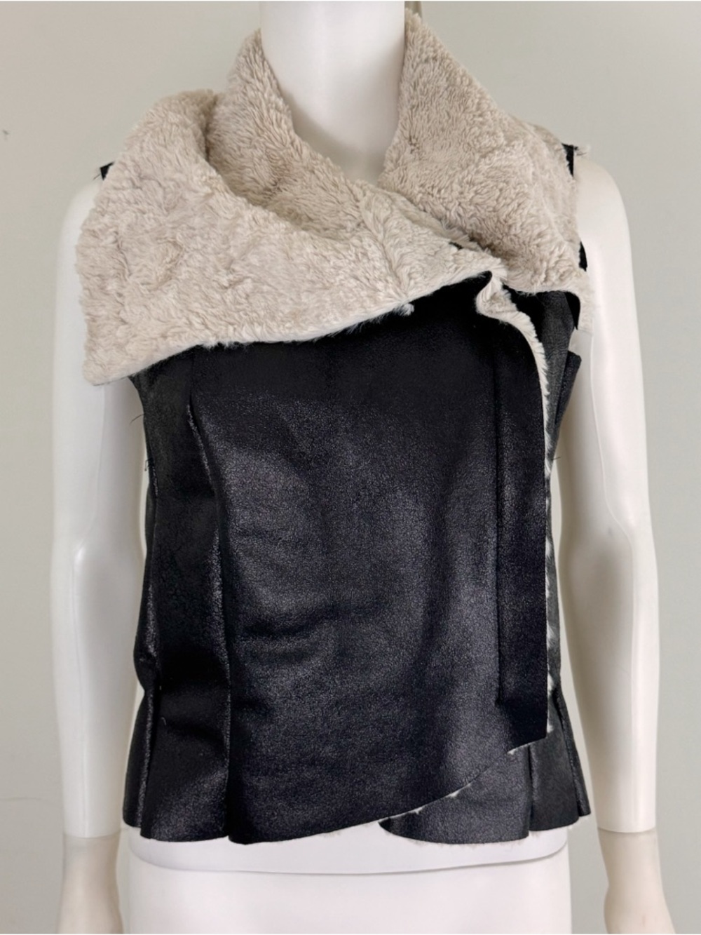 French Connection Black Faux Leather Vest with Cream Shearling Collar